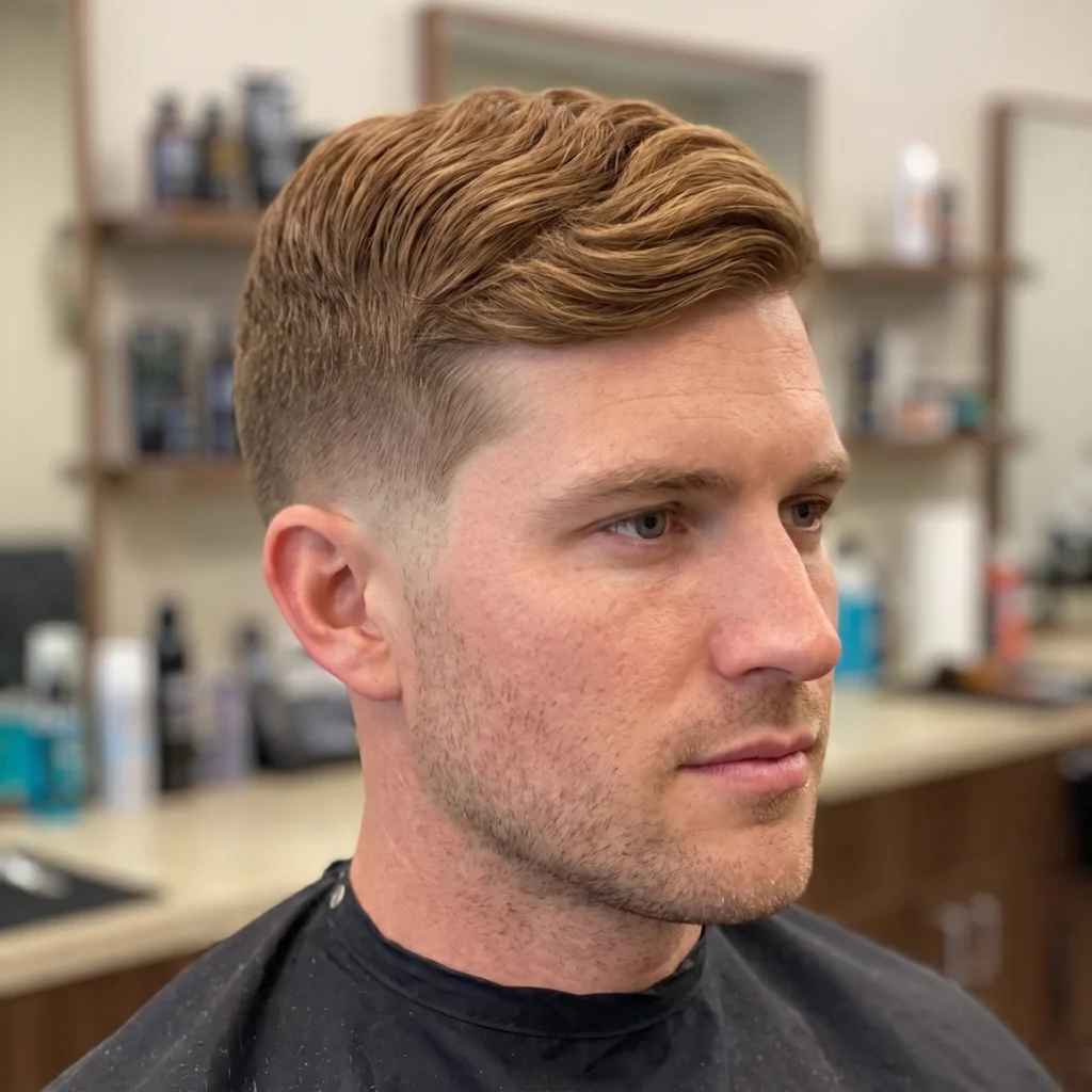 Low fade comb over on light brown hair swept to one side with a short stubble beard