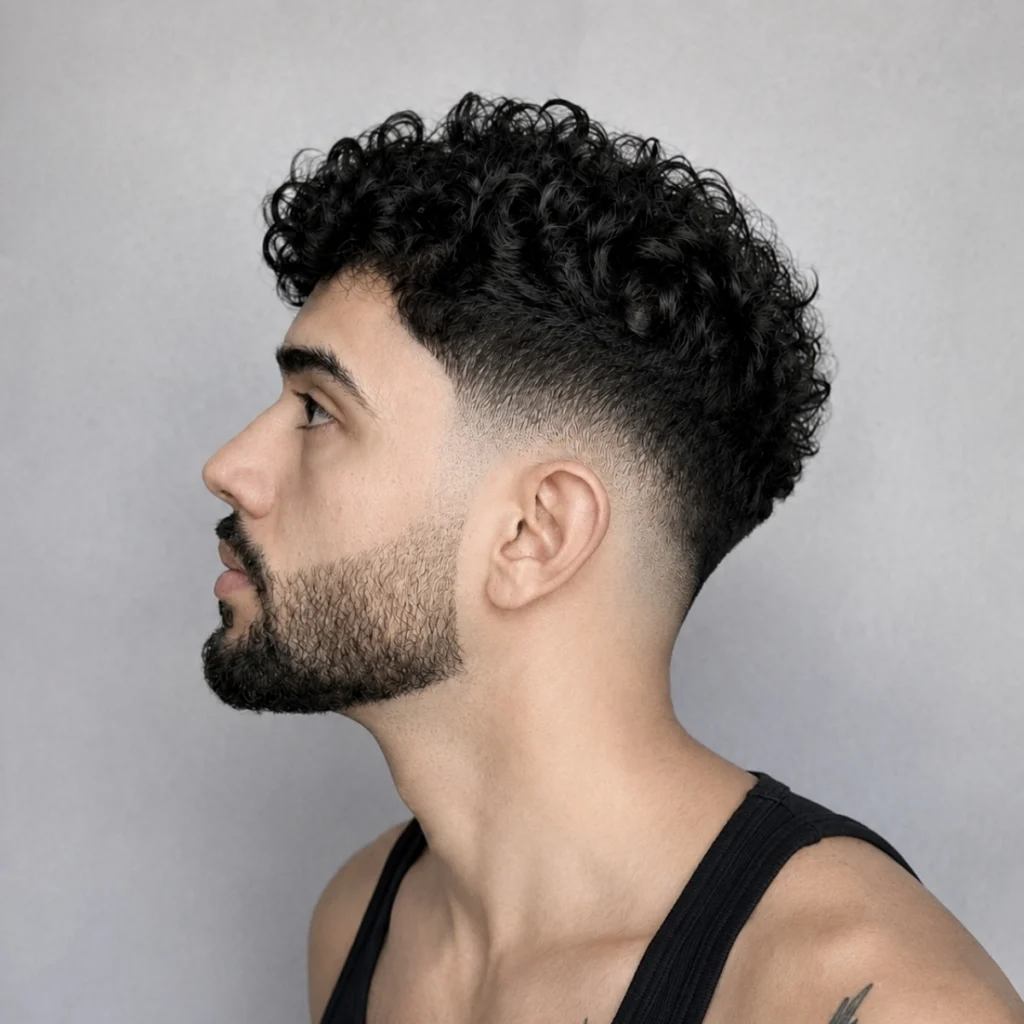 Low fade on tight curly black hair with the curls kept full on top and a full beard