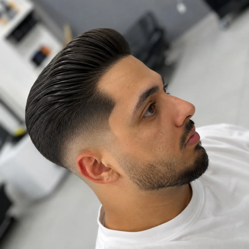 Low fade pompadour with dark hair swept up and back off the forehead and a full beard