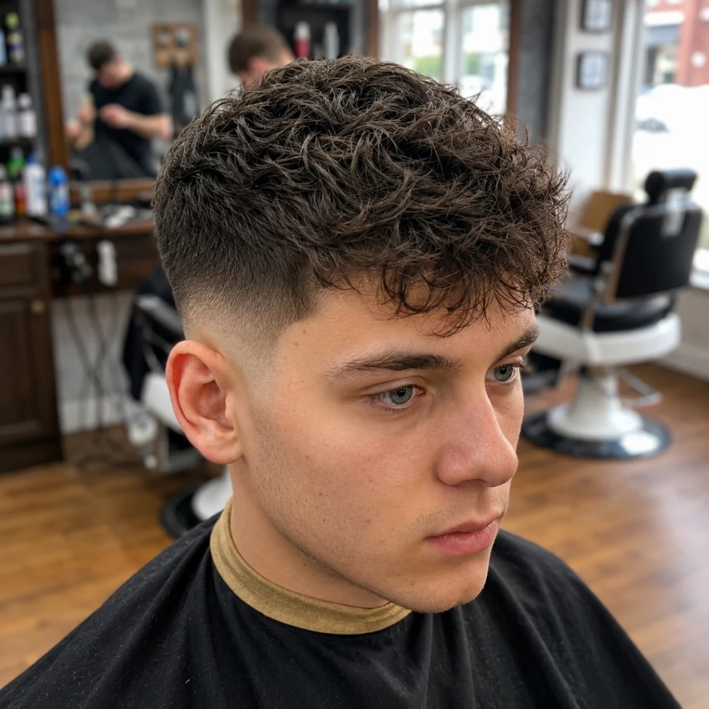 Low fade with a thick textured top and a short forward fringe on brown wavy hair