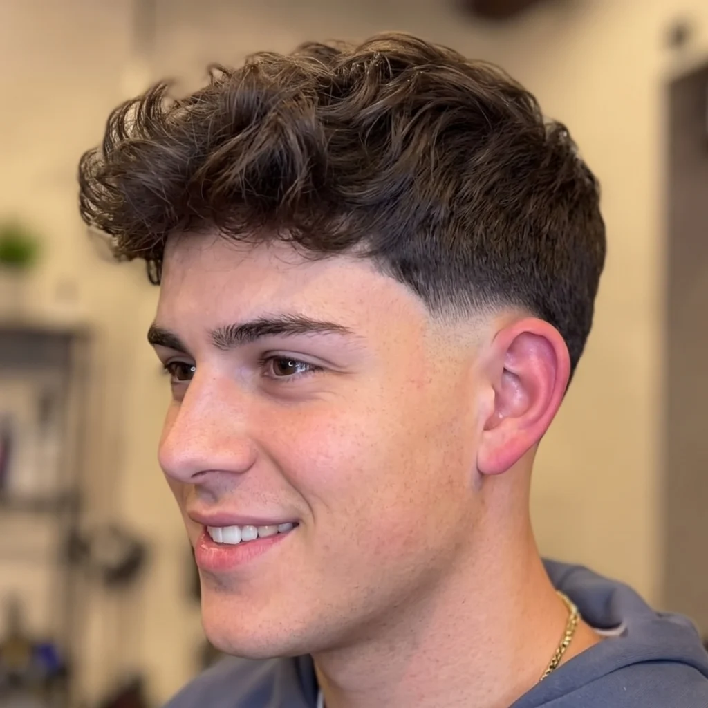 Low skin fade around the ear blending up into a thick wavy textured top on dark hair