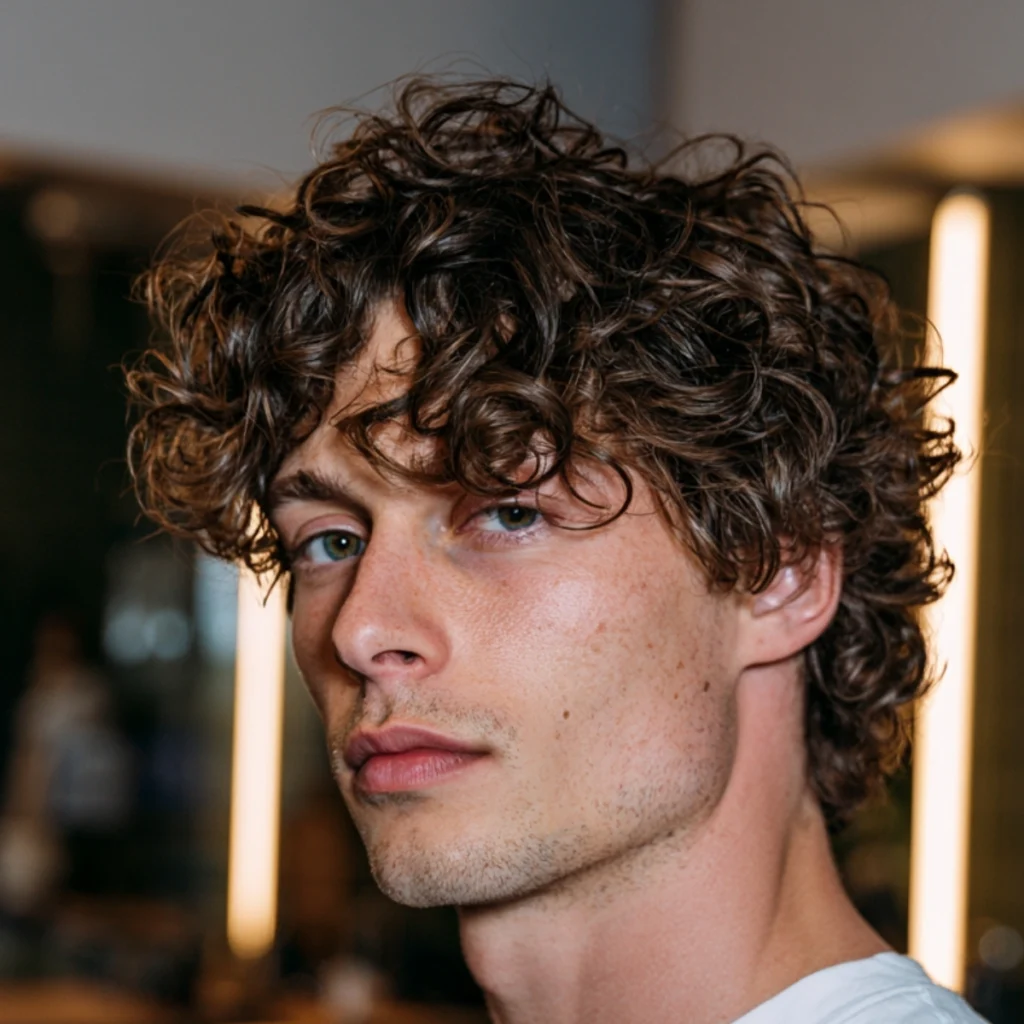 Man with medium messy curls, brown curly hair falling loosely over his forehead and ears in a relaxed, tousled shape.