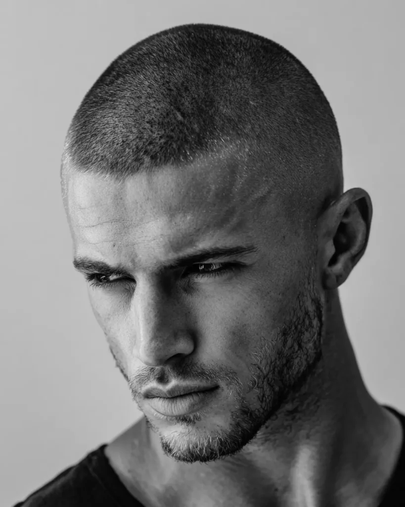 Men’s buzz cut with even short length and a short beard.