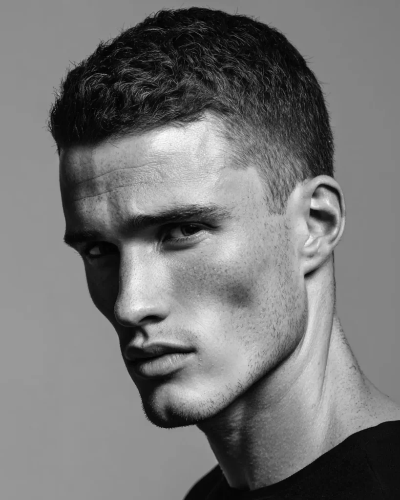Men’s crew cut with short sides and a short textured top on dark hair.