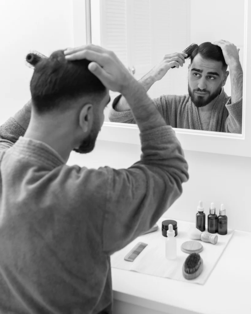 Man reviewing and adjusting his hair care routine in front of a mirror