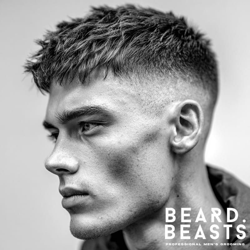 Men's textured crop with skin fade, featuring a sharp fade on the sides and voluminous texture on top. Ideal for a bold, modern style with a clean, high-contrast fade.