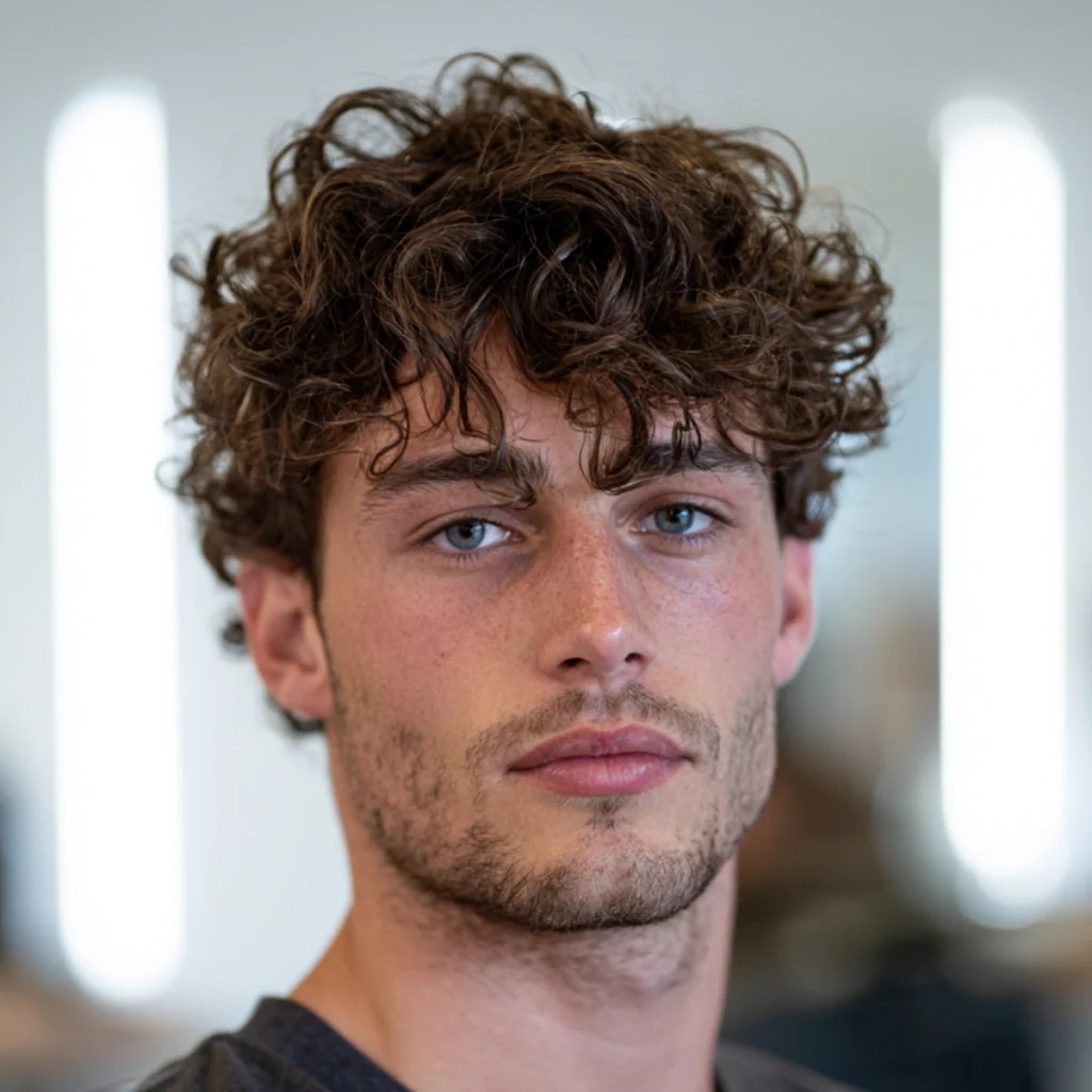 Man with messy curls in a natural low-effort style, loose curly hair falling casually without a defined part.