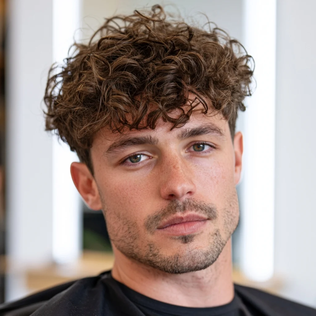 Man with a messy curly hair fade, loose curls falling freely on top with a tapered fade at the sides.