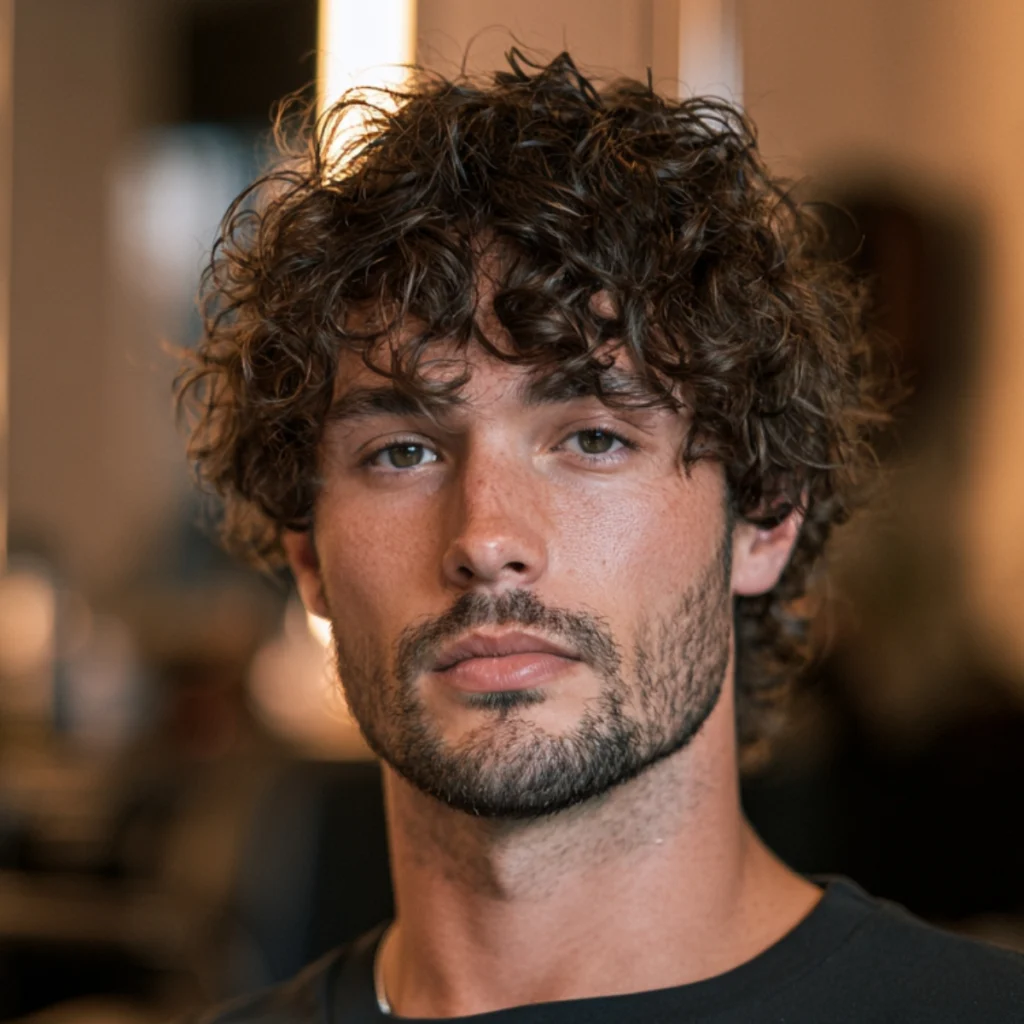 Man with a messy curly shag, short layered curly hair with uneven volume and texture through the top.