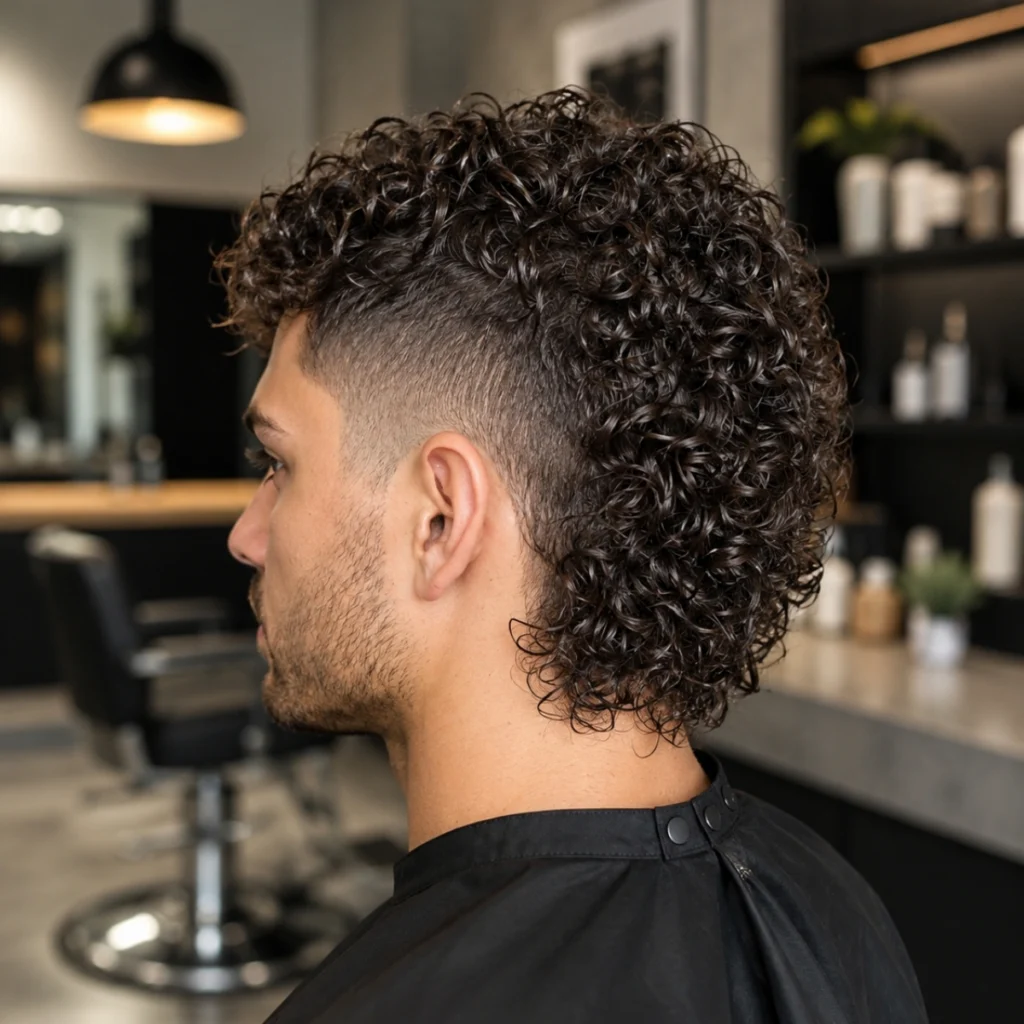 Man with a modern curly mullet, faded short sides with long curly hair extending well past the neckline at the back.