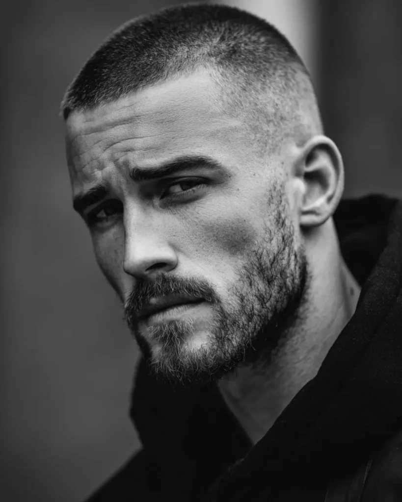 Man with a number 3 buzz cut and short beard in a black and white portrait