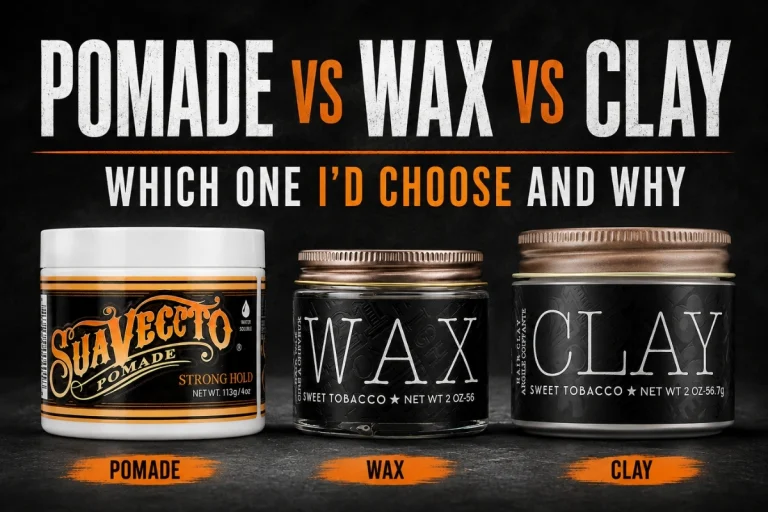Pomade vs wax vs clay comparison showing three men's hair styling products side by side.