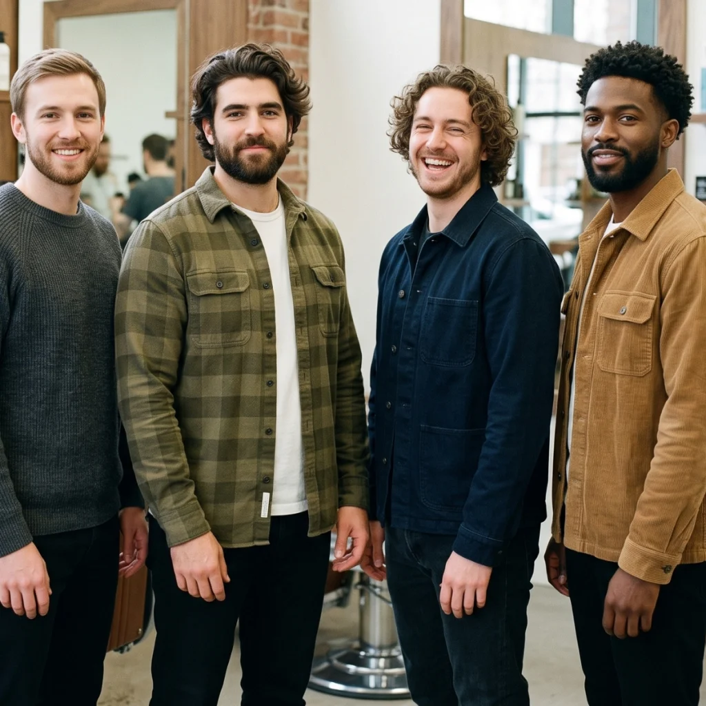 Four men with straight, wavy, curly and coily hair showing different hair types for pomade, wax and clay.