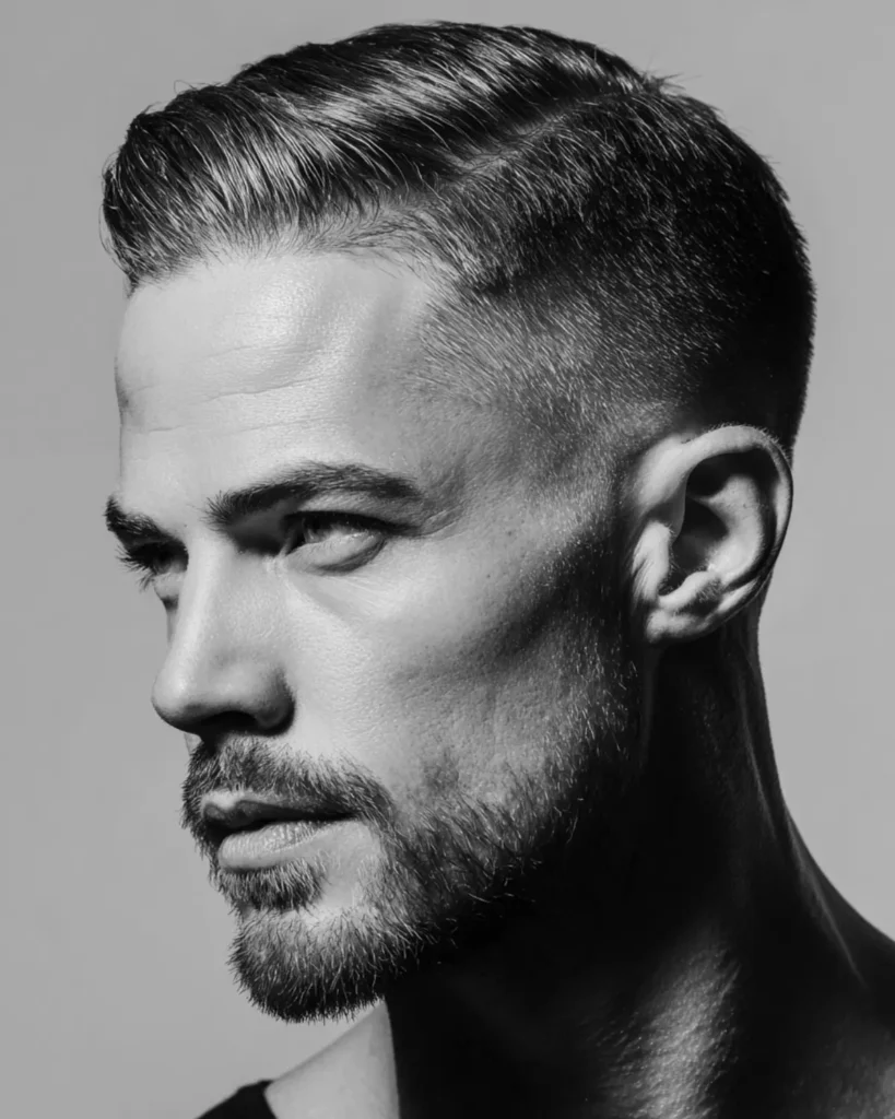 short side part haircut with low fade and hair combed back, side profile view