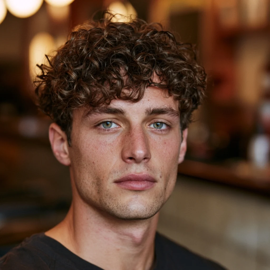Man with short tousled curls, closely cropped curly hair on top with a natural, unarranged texture.