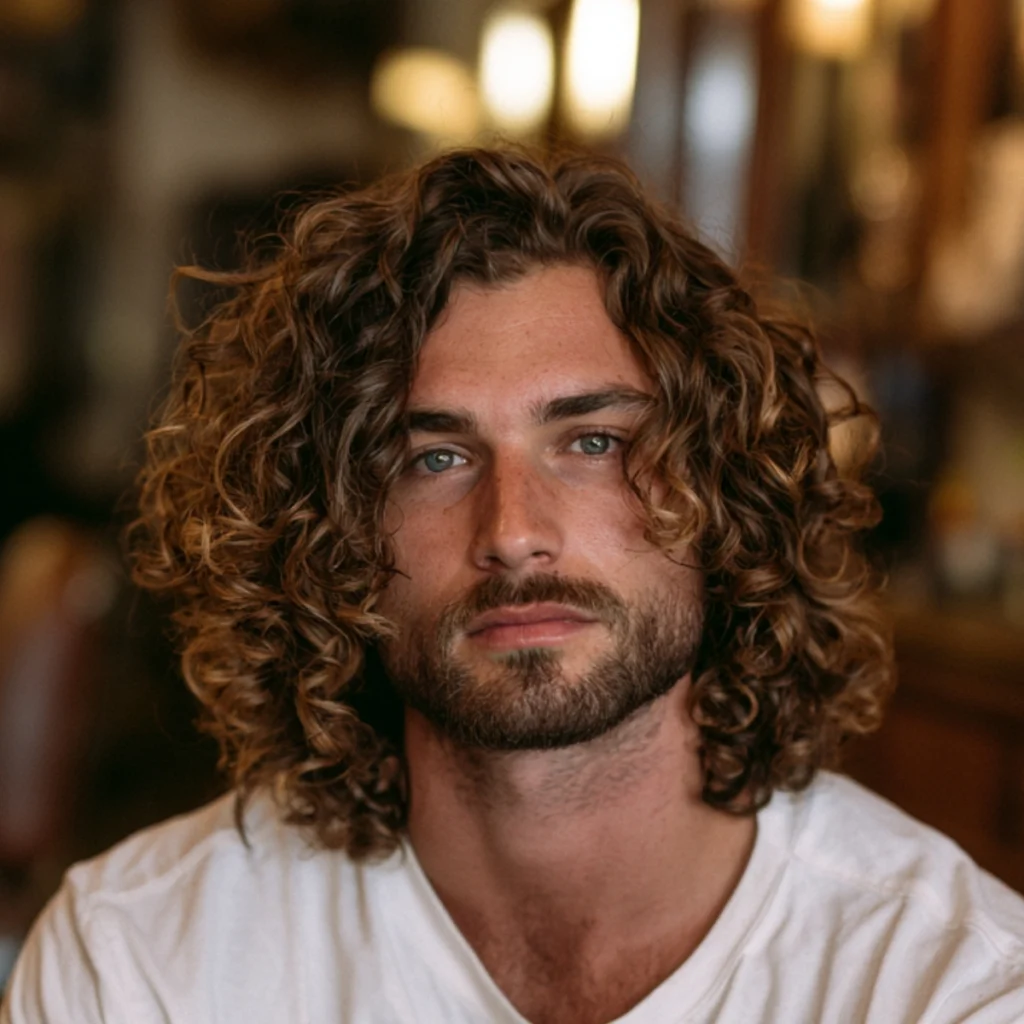 Man with shoulder-length curly layers, brown curly hair cut in varying lengths that separate around the face and shoulders.