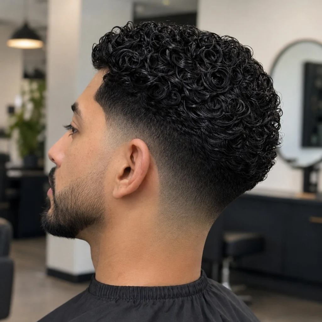 Tapered curls haircut with full curl volume on top and a smooth gradual taper down the sides.