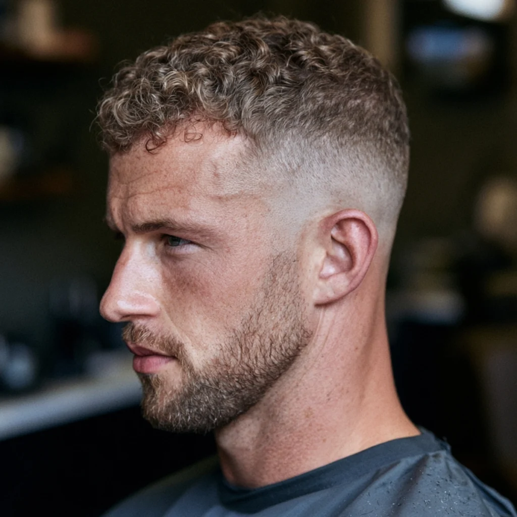Textured curly crew cut with short defined curls on top and a clean fade blending into the sides.