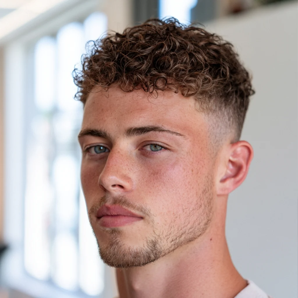 Man with textured short curls and a fade, tight curly top with a low fade taking weight off the sides.
