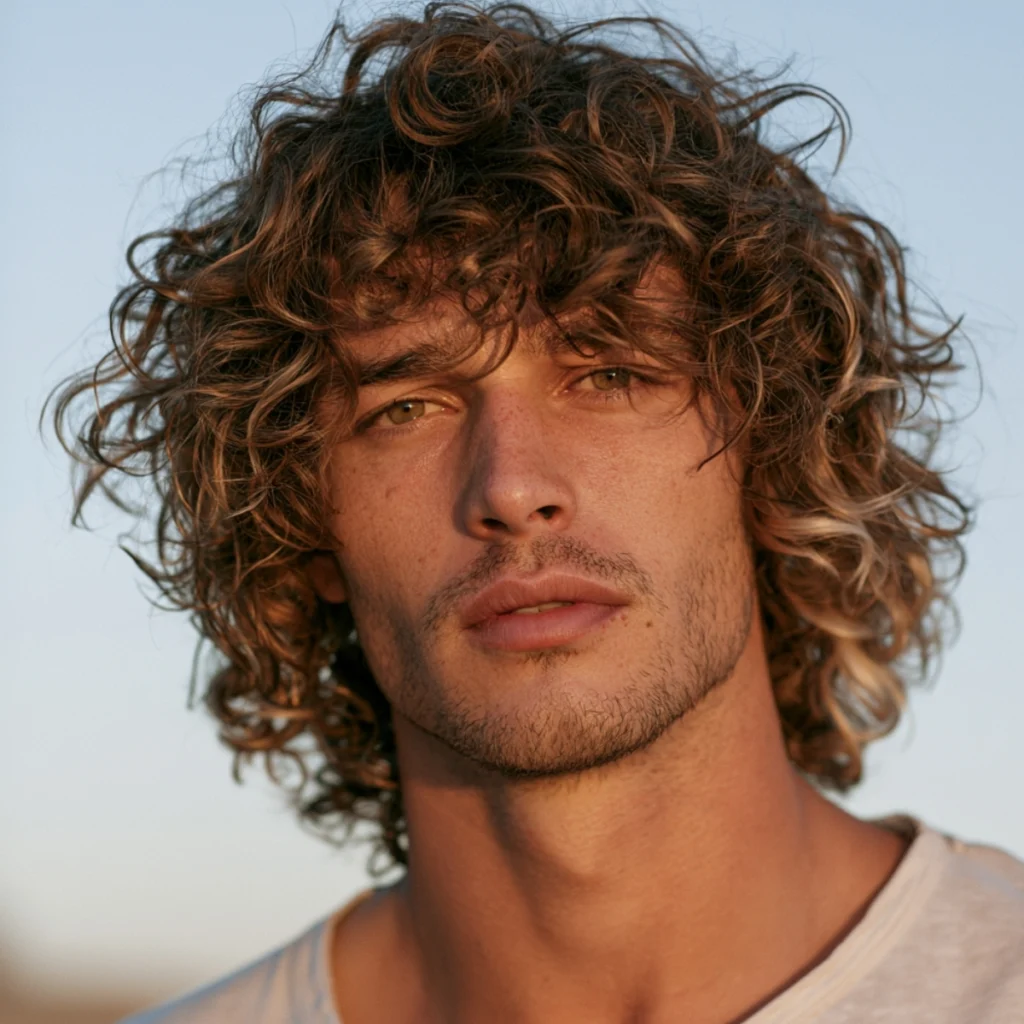 Man with textured surfer curls, sun-lit loose curly hair falling naturally around his face outdoors.