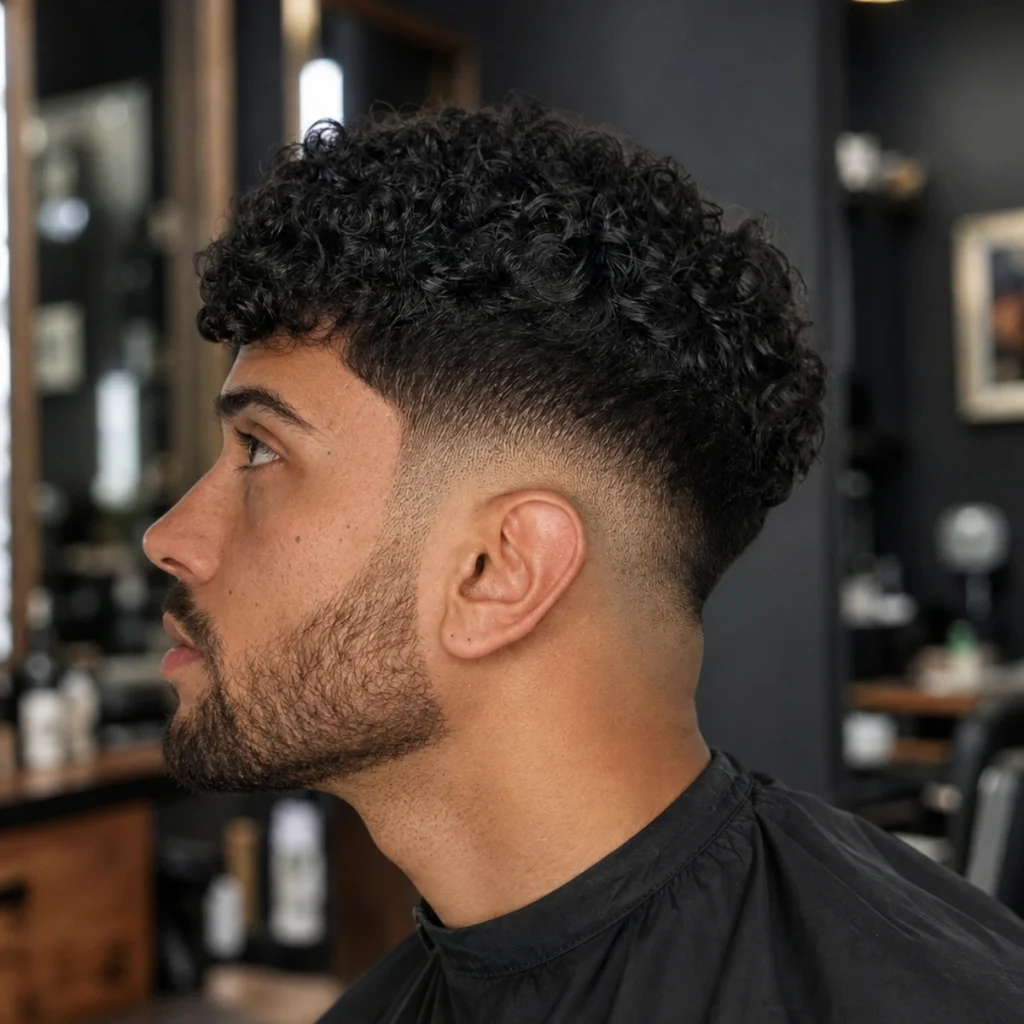 Man with thick curls and a low fade, dense curly top with a fade starting near the neckline and ear.