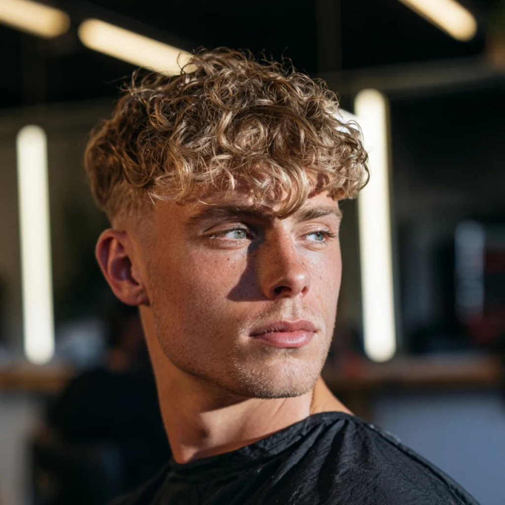 Man with a tousled fringe, blonde curly hair falling forward over the brow with a faded side profile.