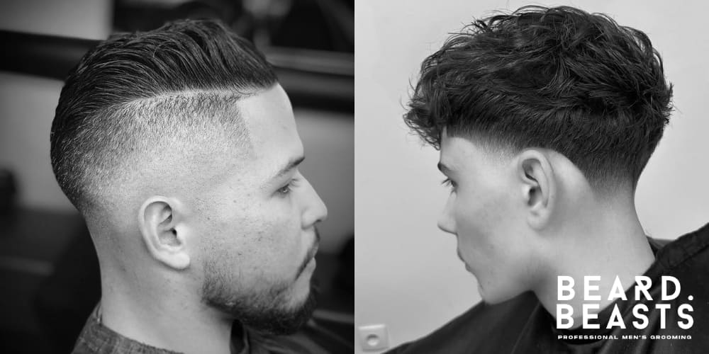 Visual comparison of two men's haircuts: undercut vs taper. Left shows a sharp contrast between shaved sides and longer top (undercut), while right demonstrates a gradual fade from longer top to shorter sides (taper)