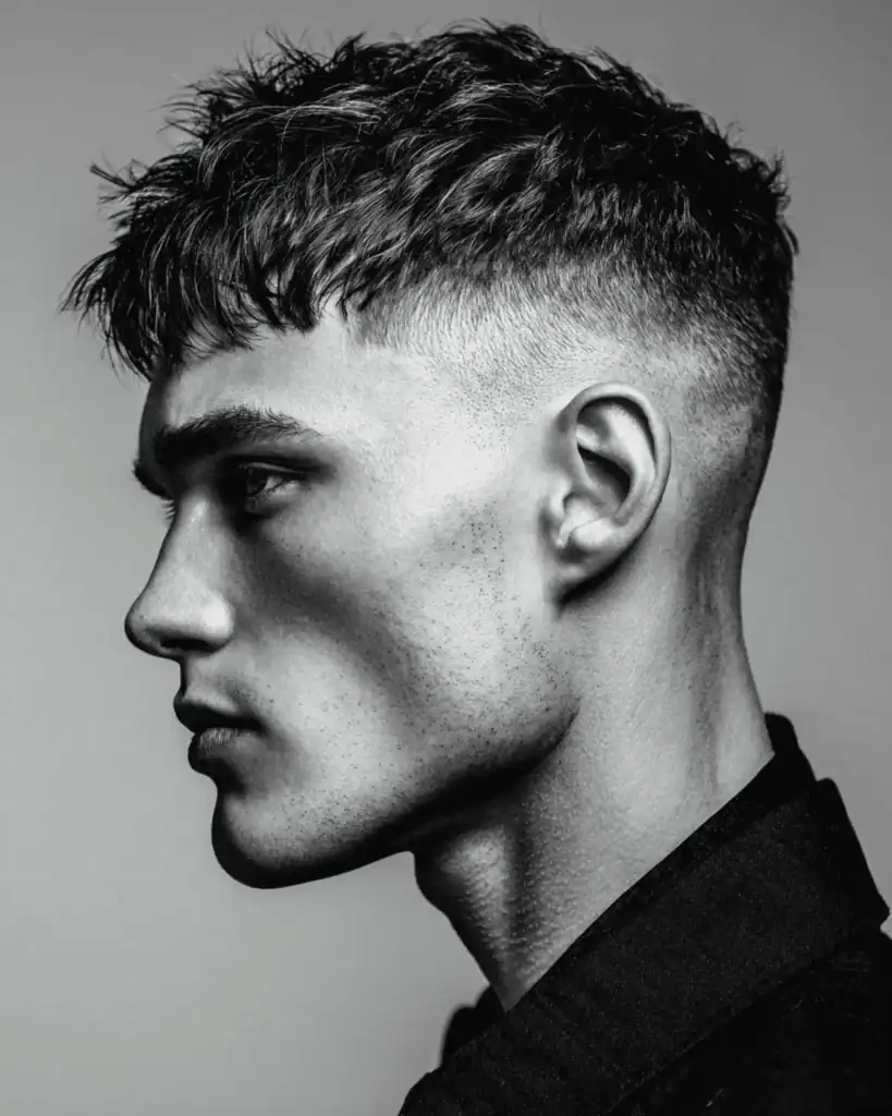 Choppy textured crop with high fade for men, featuring a short, uneven top and cleanly faded sides