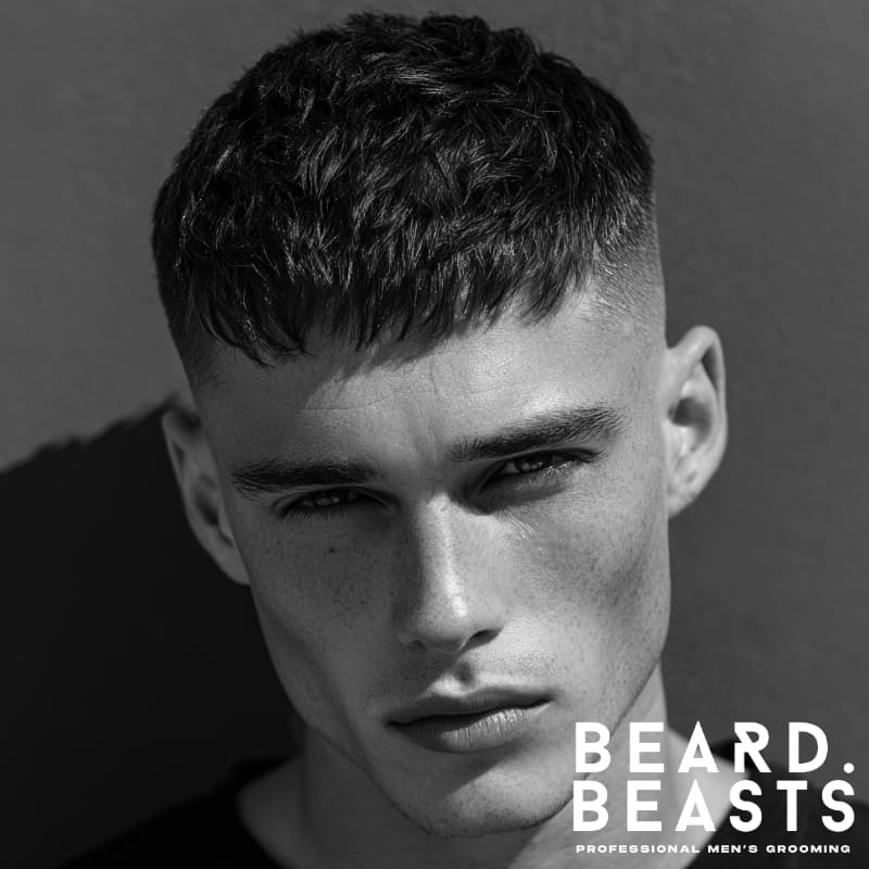 A close-up of a man with a French crop and high fade, showcasing a sharp contrast between the textured top and faded sides for a clean, modern look.