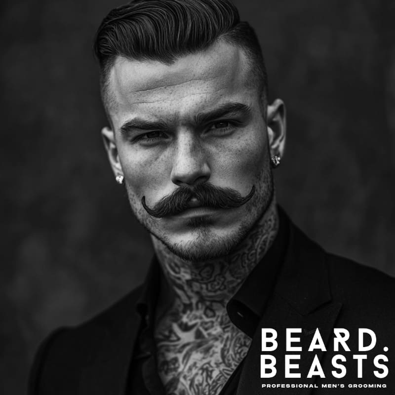 Black and white portrait of a man with a Handlebar mustache, a standout among the types of mustaches for men with bold, styled facial hair.