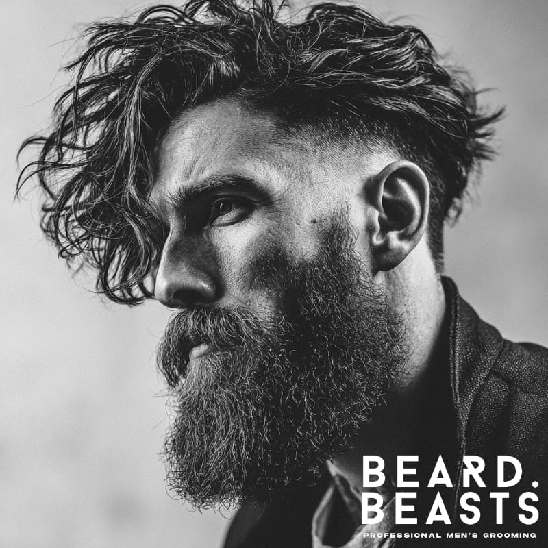 A profile shot of a man with a high fade and long, curly hair on top, paired with a full beard for a bold, modern, and rugged look.