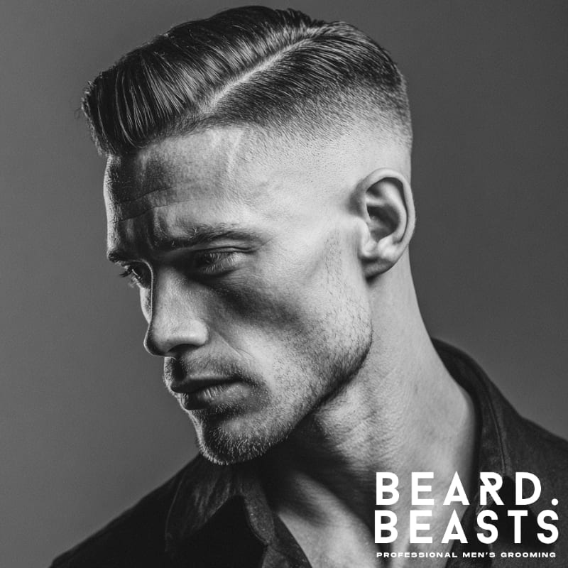 A profile shot of a man with a high fade and defined part, featuring slicked-back hair on top and a clean fade on the sides for a sharp, professional look.