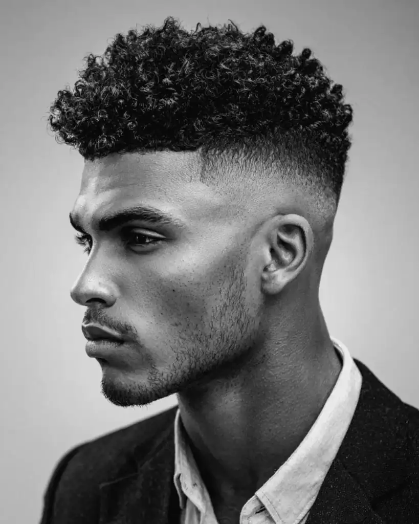 High fade haircut for Black men with tight curls on top and clean faded sides