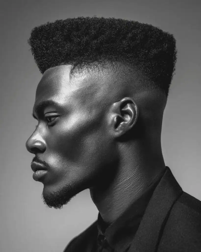 High top fade haircut with structured height and tight faded sides on afro-textured hair
