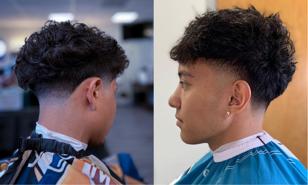 Side-by-side comparison of a low taper vs mid taper on men with textured hair, showing fade height and contrast differences.