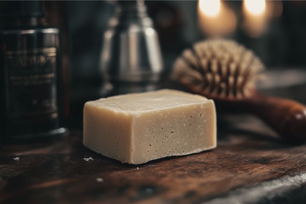 A rustic close-up of a natural shaving soap bar resting on a wooden surface, surrounded by grooming essentials including a classic shaving brush and a sleek dark bottle. The warm, moody lighting emphasizes the soap's smooth texture and artisan quality, perfect for demonstrating how to use shaving soap in a traditional grooming routine.