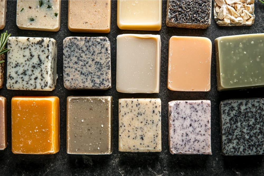 A collection of artisan soap bars displayed on a dark surface, each featuring a unique texture and natural ingredients such as lavender, oatmeal, and rosemary. These soaps showcase a variety of options for grooming routines, offering insights into how to use shaving soap with natural and exfoliating properties for a rich lather and a smooth shaving experience.