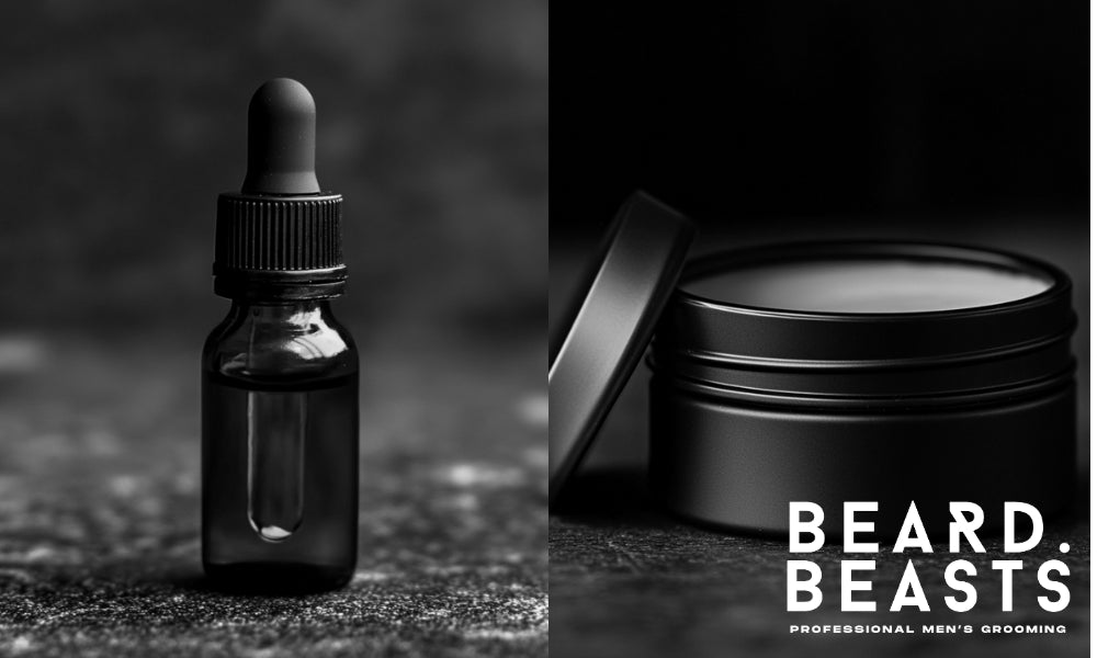 A black dropper bottle of beard oil next to a sleek tin of beard balm, set against a dark, textured background. The image visually represents comparing beard oil vs beard balm, highlighting the differences in texture and purpose for achieving a well-groomed beard.