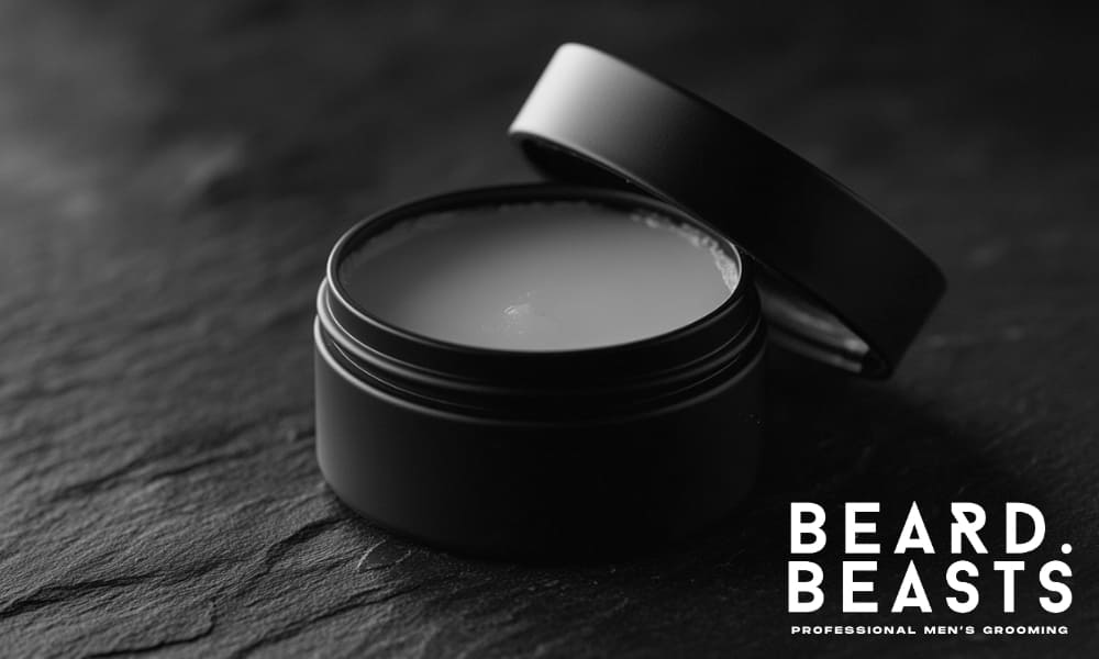 A sleek, black tin of Beard Beasts Beard Balm with the lid slightly open, showcasing the smooth, creamy balm inside. Set against a dark, textured background, the image highlights the premium and professional aesthetic of Beard Beasts grooming products, emphasized by the bold 'Professional Men's Grooming' logo in the bottom right corner.