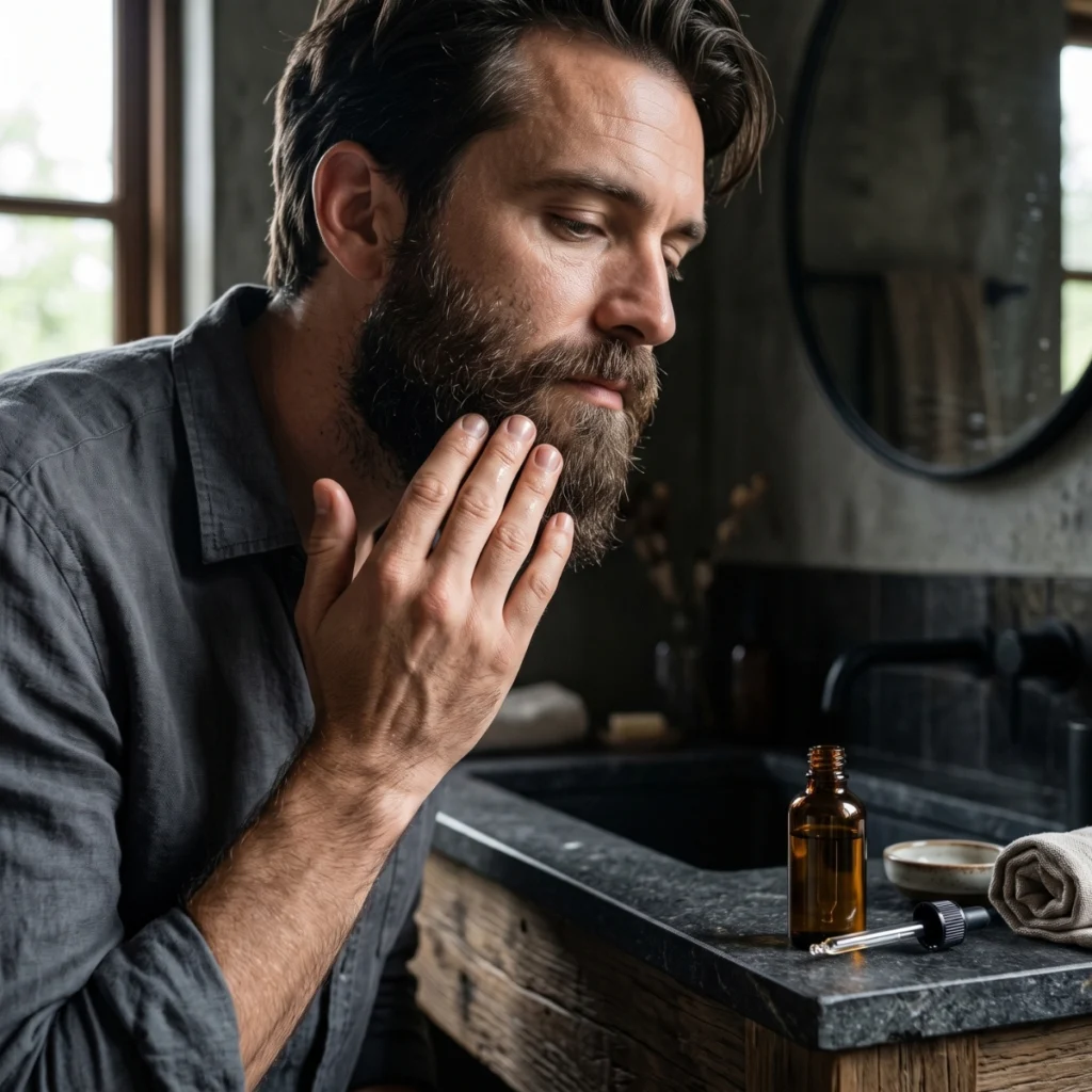 Man working beard oil through his beard for conditioning