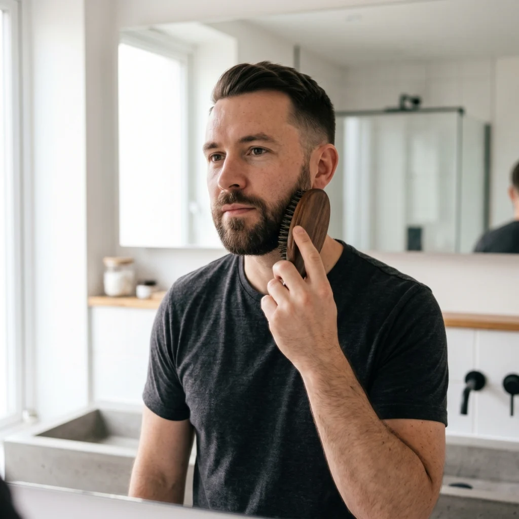 Man using a beard brush on a short beard