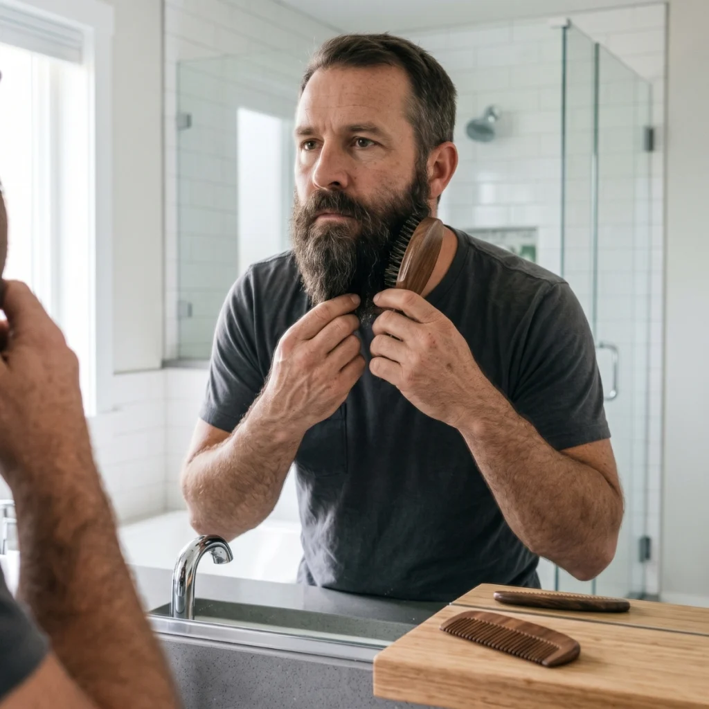 Man using a beard brush with a beard comb on the counter