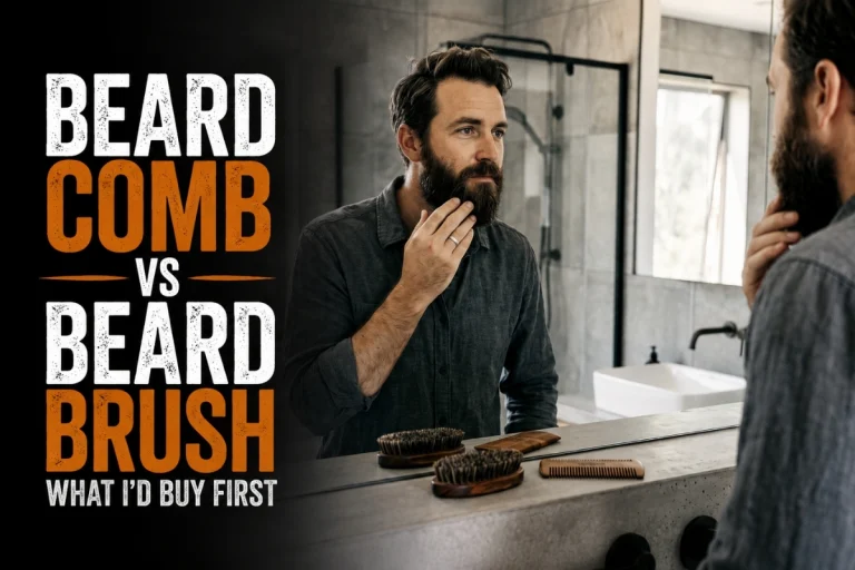 Beard comb vs beard brush comparison with bearded man and grooming tools