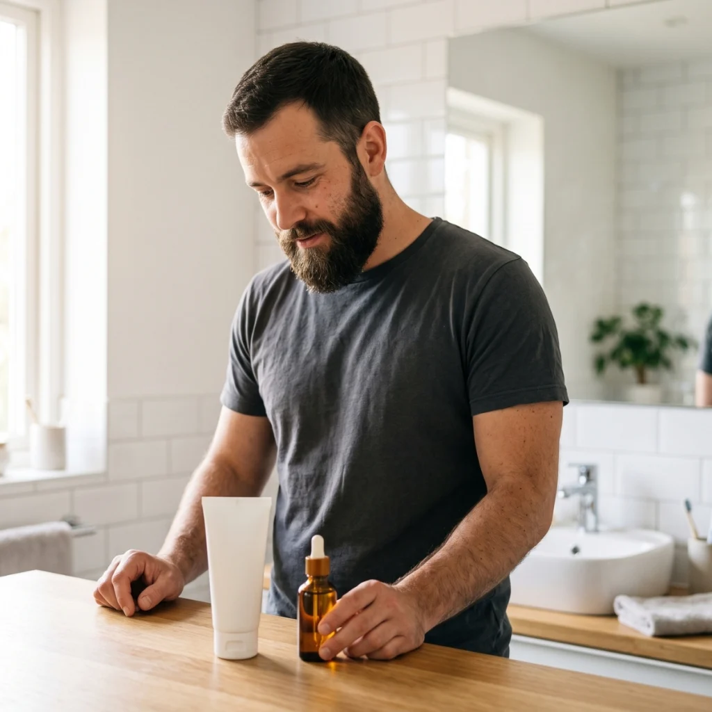 Bearded man comparing beard conditioner and beard oil in a bathroom.