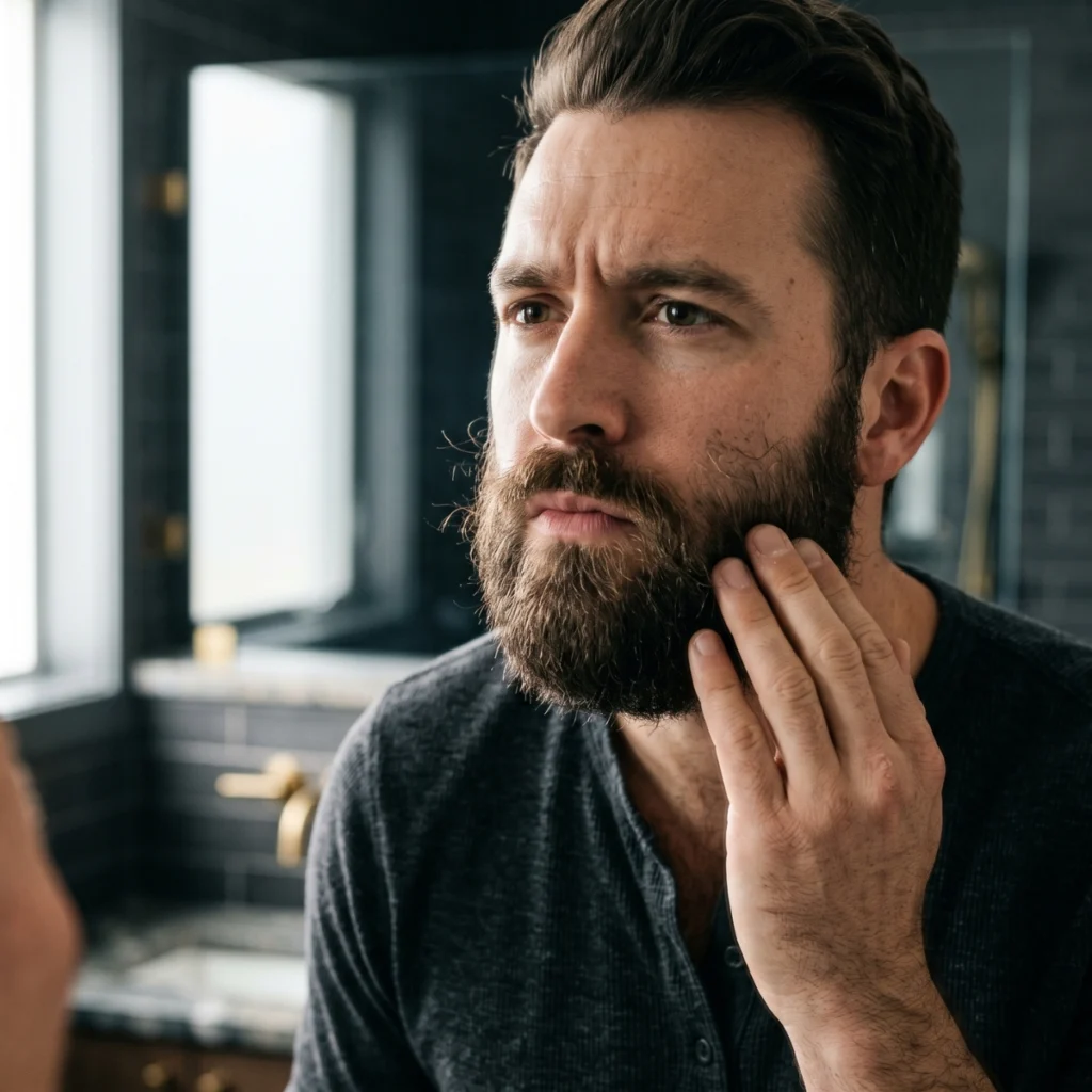 Man checking stubborn beard hairs and flyaways after brushing