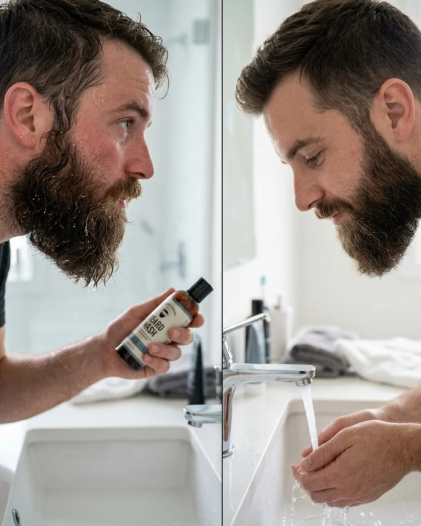 Split image of a sweaty beard needing a proper wash and a cleaner beard being rinsed with water for an article debunking beard myths about daily washing.