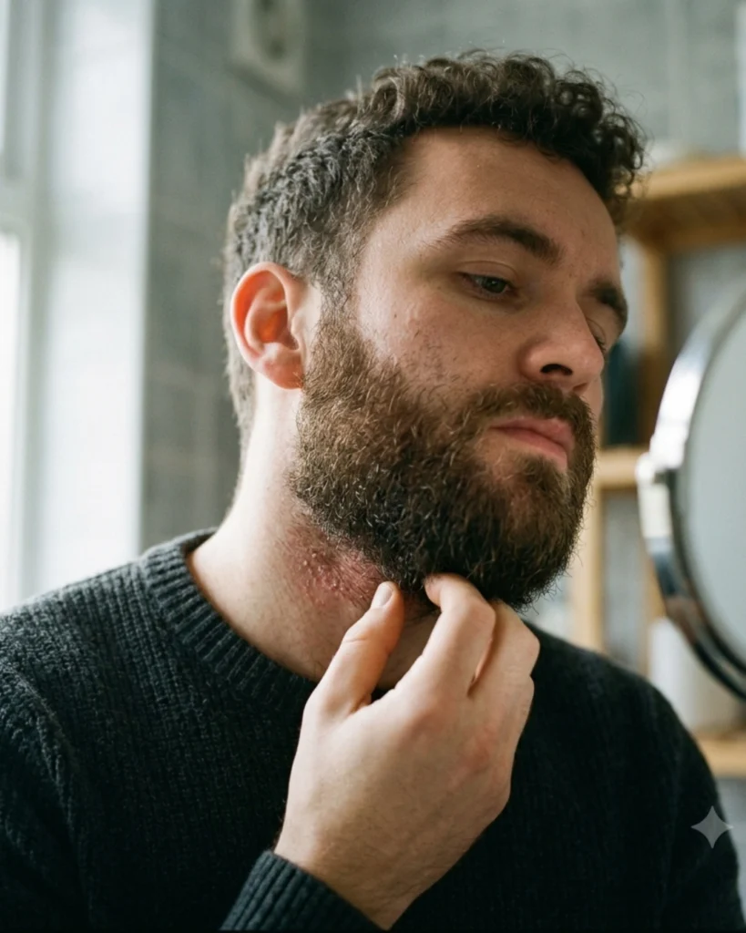 Man checking irritated skin beneath his beard for an article debunking beard myths about persistent beard itching.