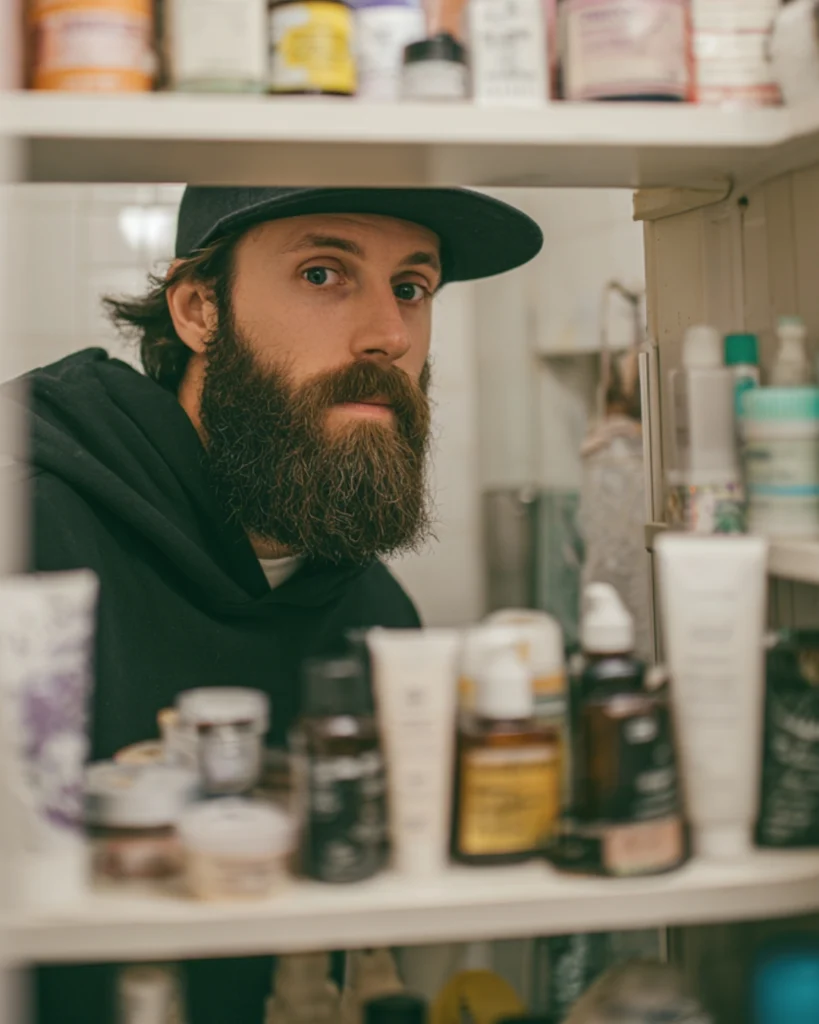 Bearded man looking through an overcrowded bathroom cabinet for an article debunking beard myths about using too many grooming products.