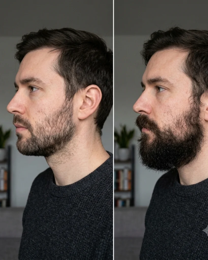 Side by side comparison of a patchy beard at short and longer lengths for an article debunking beard myths about patchy growth filling in over time.