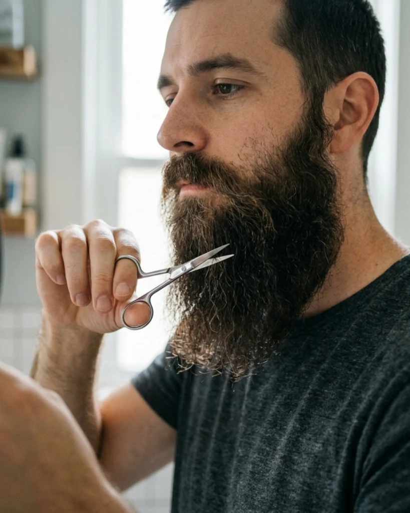 Man trimming the ends of a long beard for an article debunking beard myths about trimming and faster beard growth.